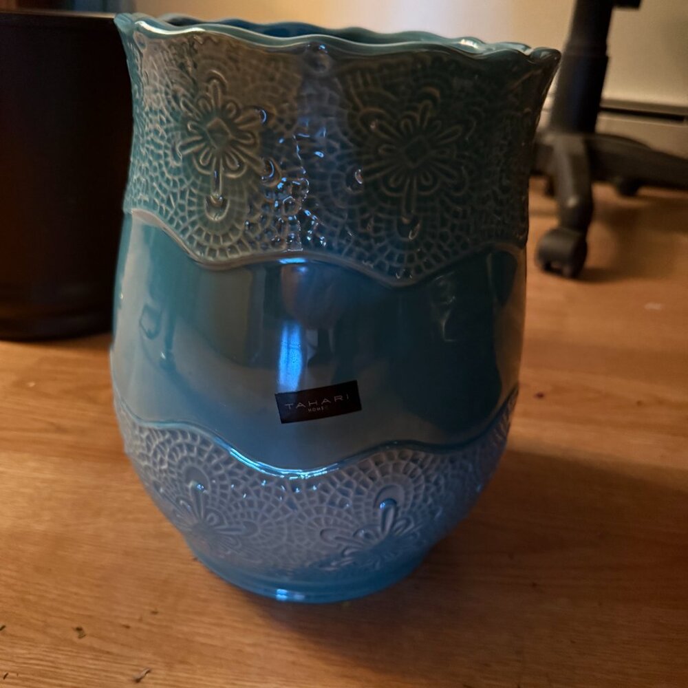 Bathroom Ceramic Trash Can & Toothbrush Holder Set Teal Bath Accessories Powder - Picture 10 of 11